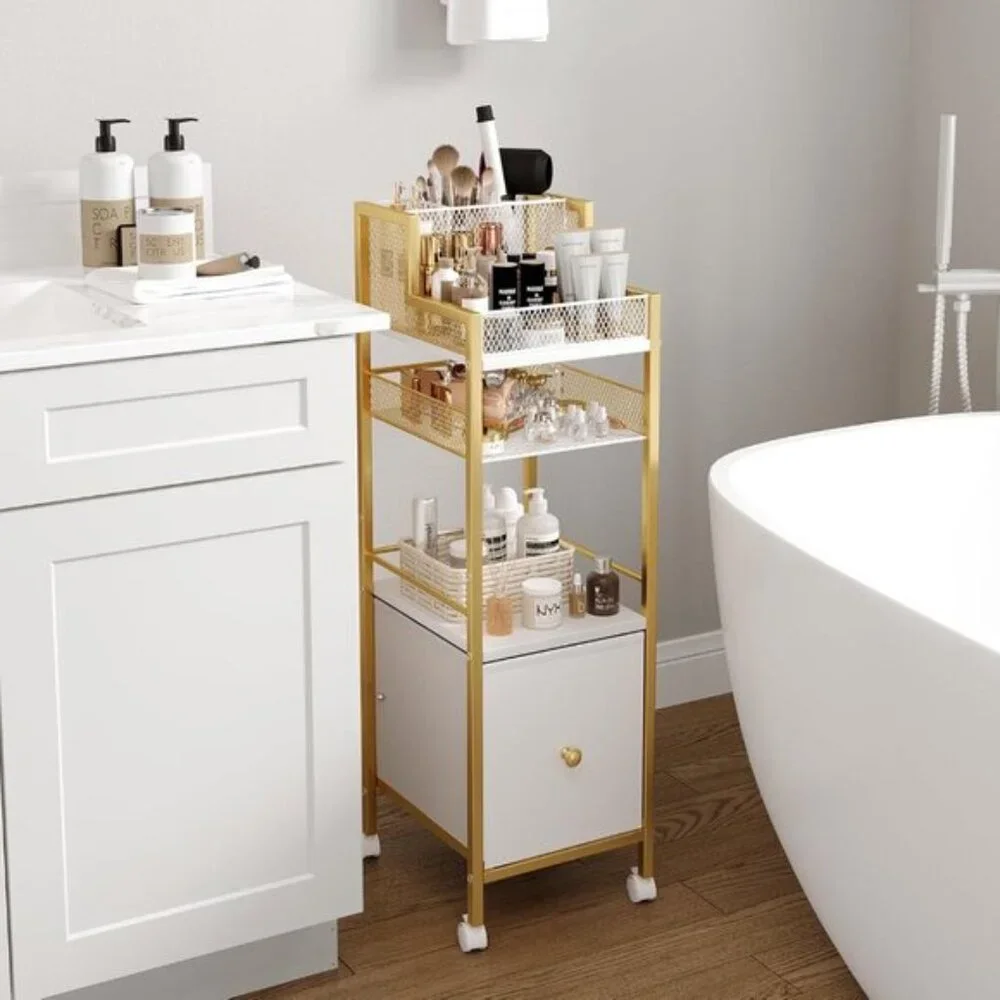 New Gold Rolling Makeup Storage Cart, Vanity Organizer with Drawers for Home